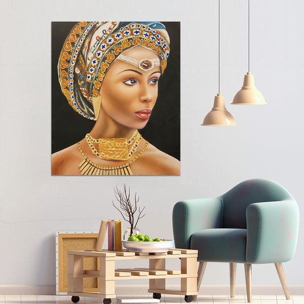 Queen of Beauty - Stunning Hand Painted Depiction of a Woman with an elaborate Headdress, Size 100x120cm