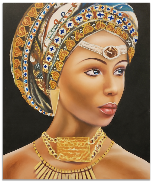 Queen of Beauty - Stunning Hand Painted Depiction of a Woman with an elaborate Headdress, Size 100x120cm