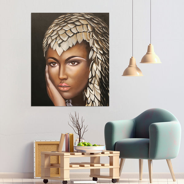 Sophisticated Beauty - Stunning, Highly Detailed Portrait of a Woman with a Beautiful, Elaborate Headdress. Size 100x120cm