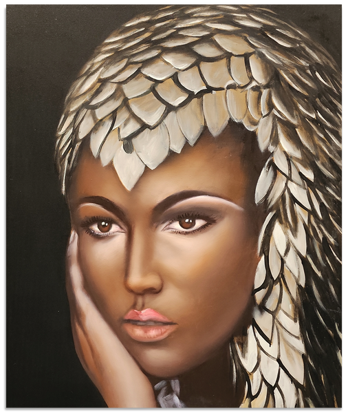 Sophisticated Beauty - Stunning, Highly Detailed Portrait of a Woman with a Beautiful, Elaborate Headdress. Size 100x120cm