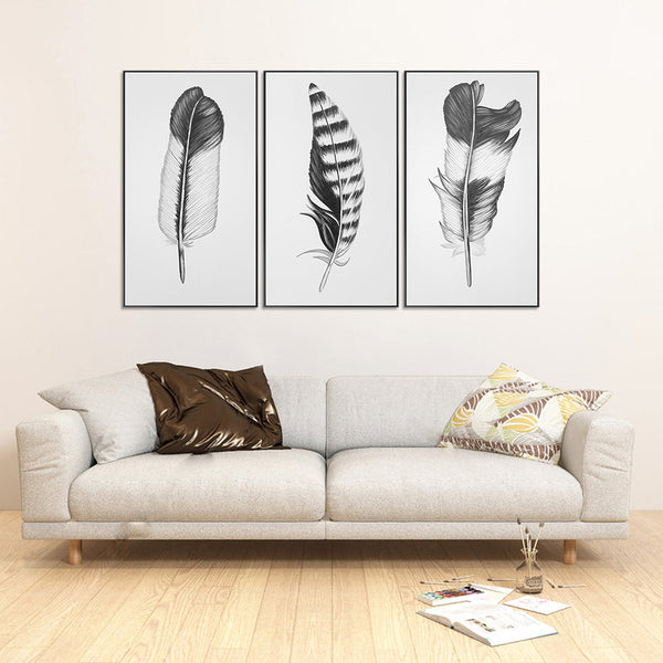 3 Piece Hand Painted Black &White Feathers. Each piece 40x80cm