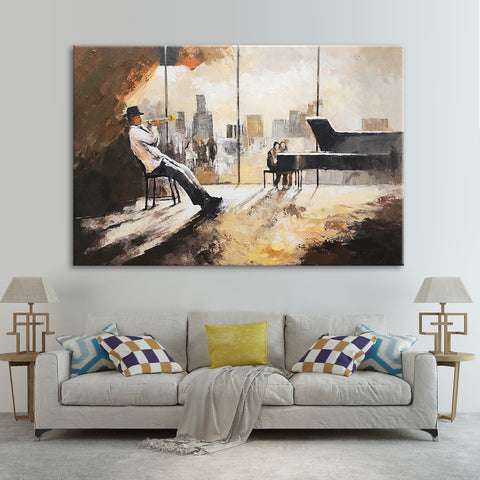 Musical Ensemble - Stunning Stylized Depiction of an Ensemble of Musicians Featuring Warm Earthy Tones, Size 80x120cm
