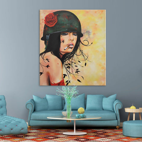 Smoking Girl -Striking Stylized Portrait of a Rugged Young Girl Smoking a Cigarette, Size 100x120cm