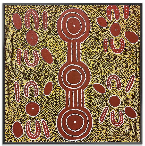Dreamtime - Dot Painting fitted with Black Shadow Frame Size 100x100cm