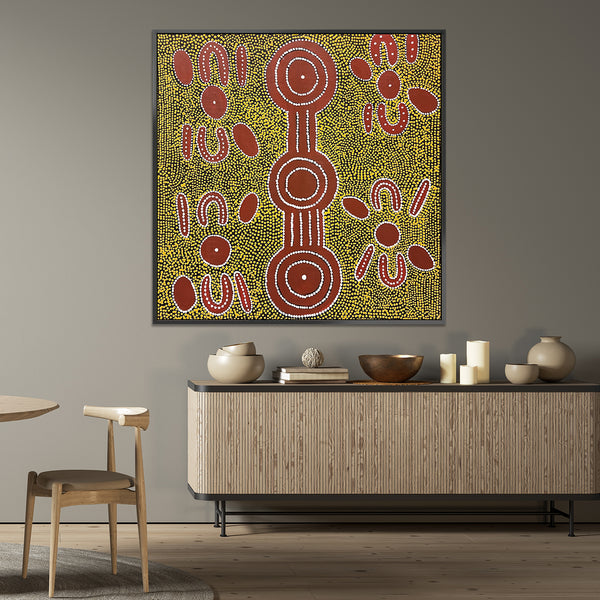 Dreamtime - Dot Painting fitted with Black Shadow Frame Size 100x100cm