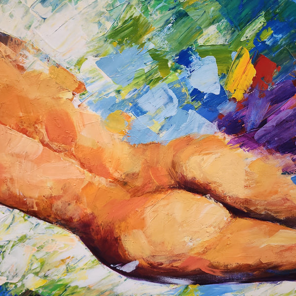 Lying Nude - Stunning, Stylized Depiction of a Young Lying Nude Woman, finished with a Black Shadow Frame, Size 80x150cm