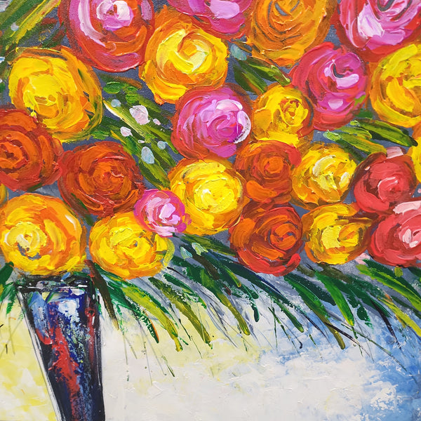 Bouquet - Stunning, Brightly Coloured Palette Knife Painting Depicting Many Flowers in a Vase