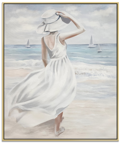 The Woman in White - Beautiful, softly toned, Coastal Themed Hand Painted Oil Painting