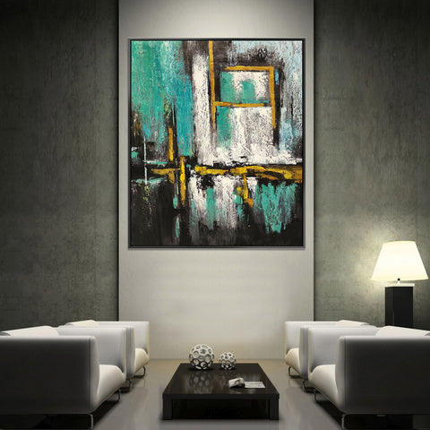Gold on Teal - Beautiful Modern Abstract Featuring teal and gray tones, with Gold accents spread throughout