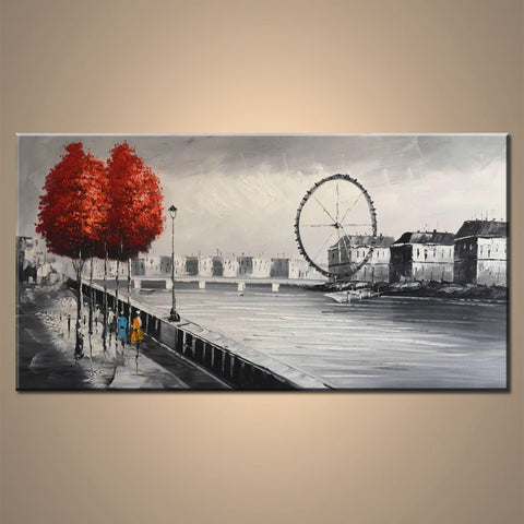 London Eye - Beautiful Grayscale Depiction of London with Red Highlights, size 100x180cm