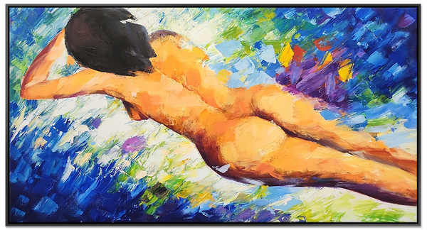 Lying Nude - Stunning, Stylized Depiction of a Young Lying Nude Woman, finished with a Black Shadow Frame, Size 80x150cm