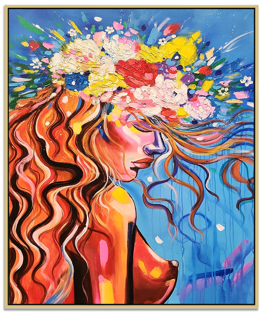 Contemplative Beauty - Stunning Stylized portrait of a Woman lost in thought, Size 100x140cm