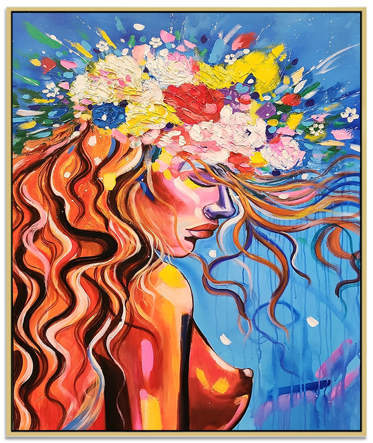 Contemplative Beauty - Stunning Stylized portrait of a Woman lost in thought, Size 100x140cm