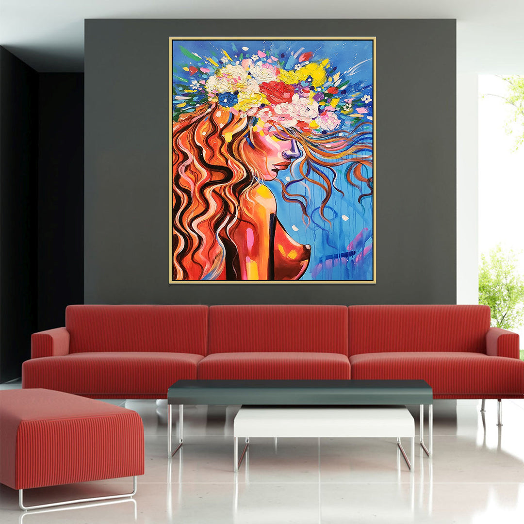 Contemplative Beauty - Stunning Stylized portrait of a Woman lost in thought, Size 100x140cm