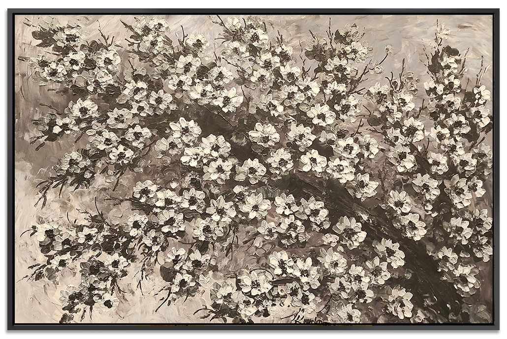 Blossom Branch - Beautiful, Black and White Floral Themed Oil Painting, Featuring a Thick Textural Style