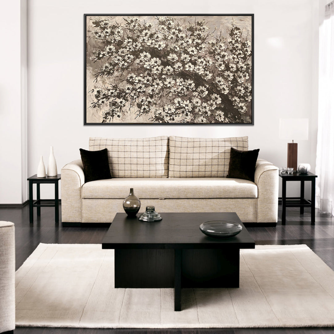Blossom Branch - Beautiful, Black and White Floral Themed Oil Painting, Featuring a Thick Textural Style