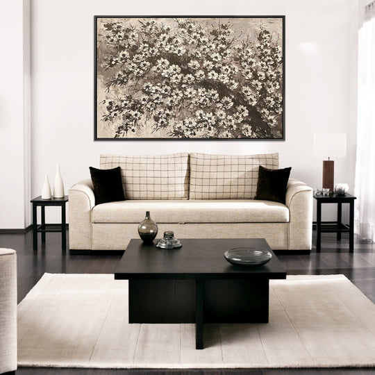 Blossom Branch - Beautiful, Black and White Floral Themed Oil Painting, Featuring a Thick Textural Style