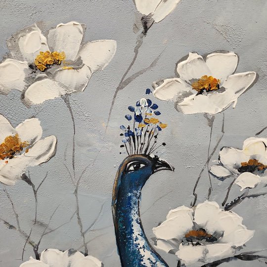 A Flowery Display - Stunning Oil Painting Featuring Peacocks, Size 100x120cm