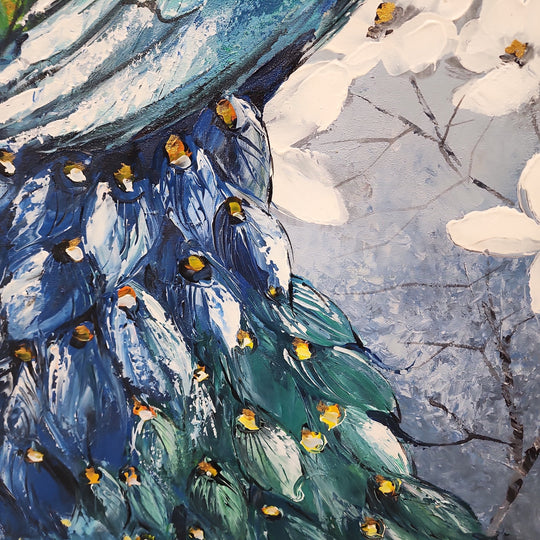 A Flowery Display - Stunning Oil Painting Featuring Peacocks, Size 100x120cm