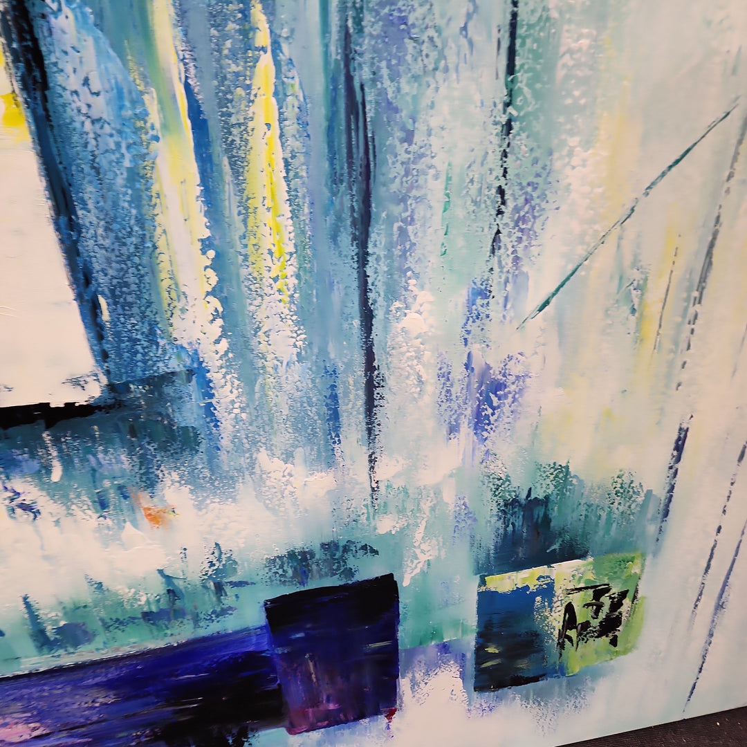 Teal Trance - Blue And Yellow Modern Abstract Large Scale Art 100x240cm