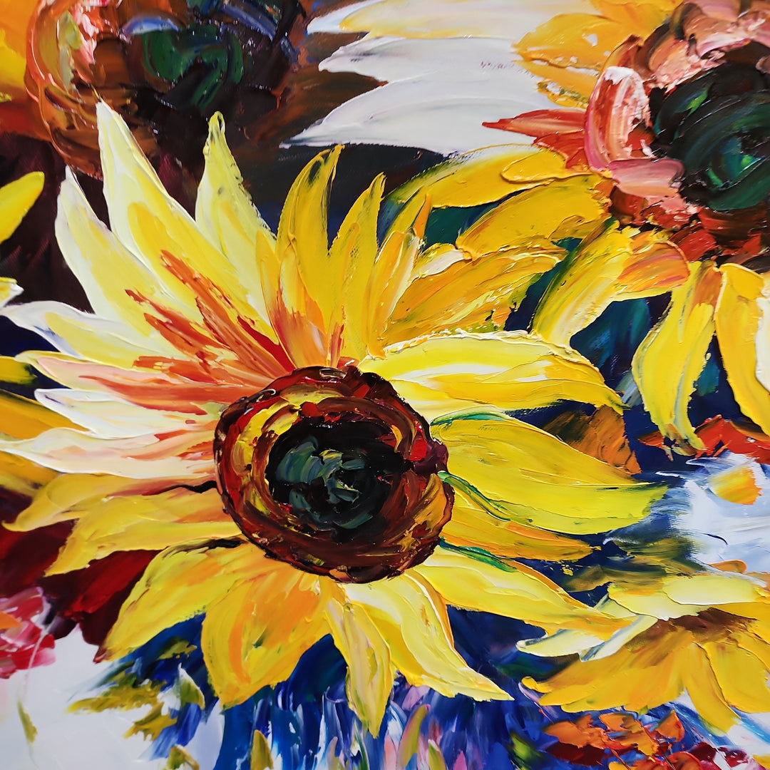 Sunflowers - Palette Knife Oil Painting of Beautiful Flowers in a Vase 90x120cm