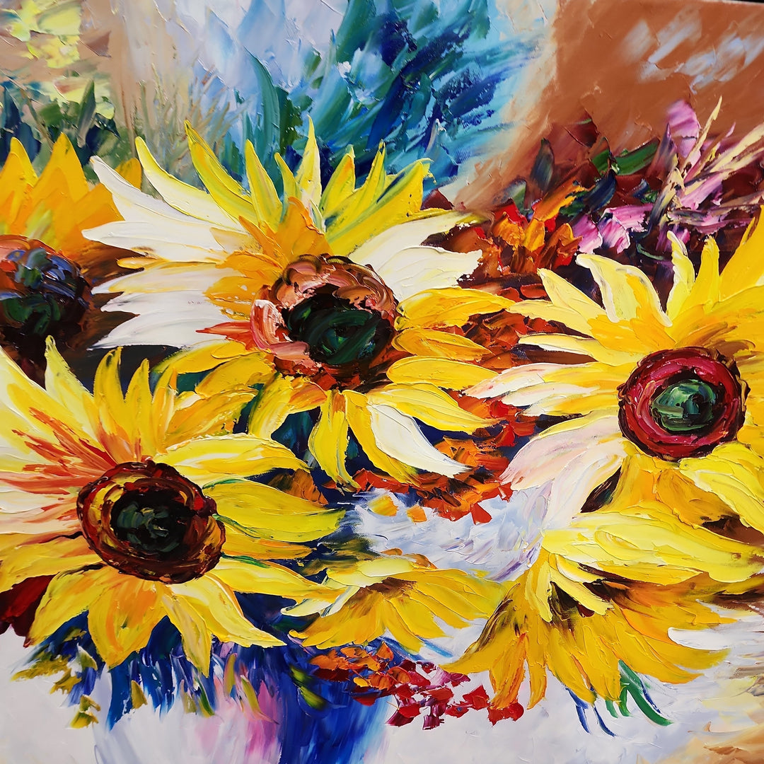 Sunflowers - Palette Knife Oil Painting of Beautiful Flowers in a Vase 90x120cm