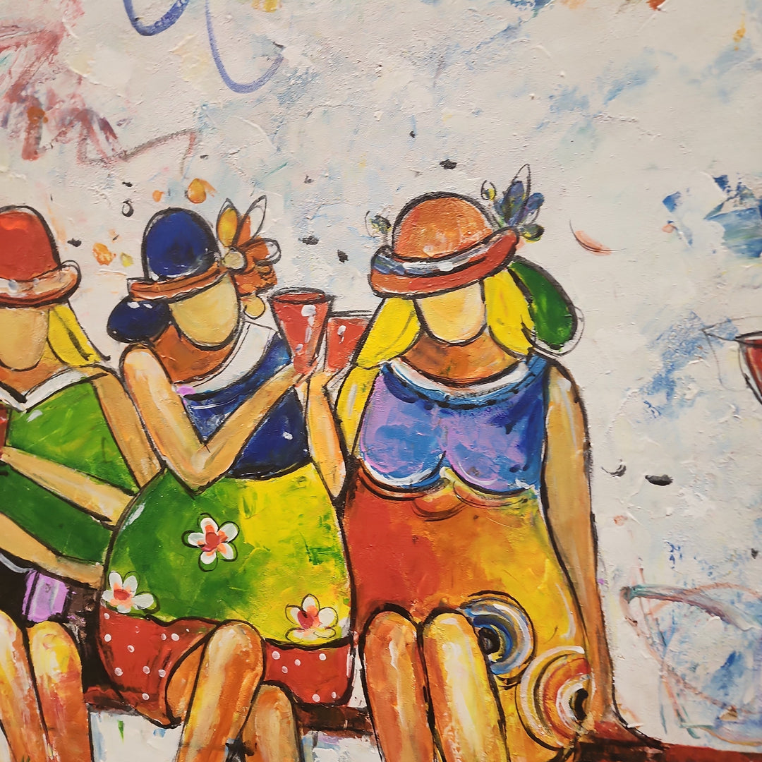 Outdoor Fun - Highly Textural, Stylized Depiction of Ladies sitting on a Bench, Size 80x170cm