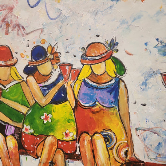 Outdoor Fun - Highly Textural, Stylized Depiction of Ladies sitting on a Bench, Size 80x170cm