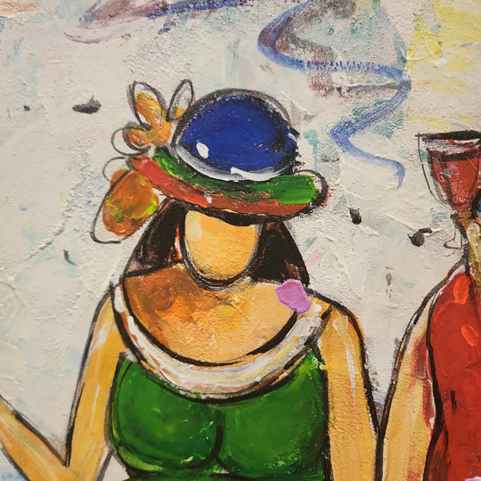 Outdoor Fun - Highly Textural, Stylized Depiction of Ladies sitting on a Bench, Size 80x170cm