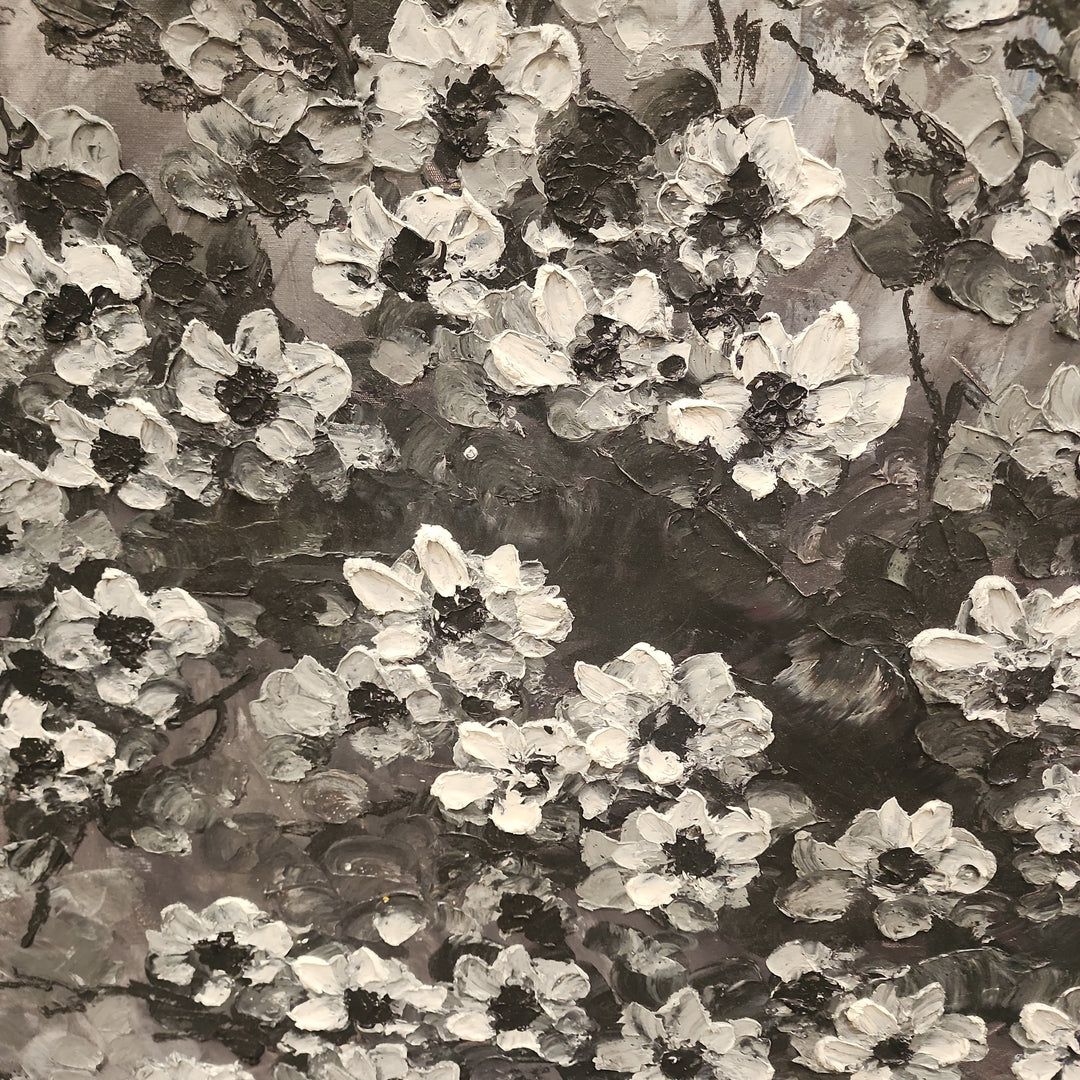 Blossom Branch - Beautiful, Black and White Floral Themed Oil Painting, Featuring a Thick Textural Style