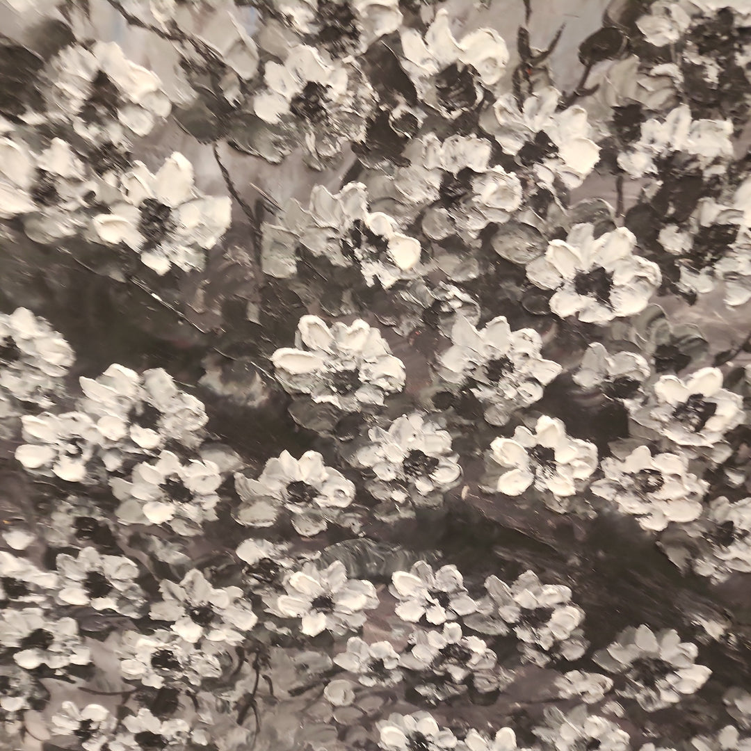 Blossom Branch - Beautiful, Black and White Floral Themed Oil Painting, Featuring a Thick Textural Style