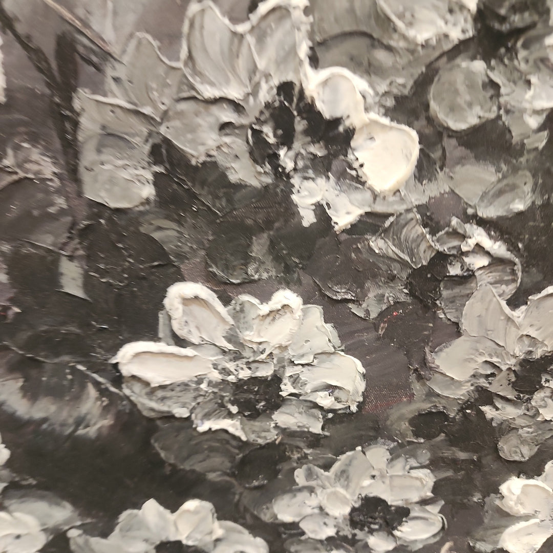 Blossom Branch - Beautiful, Black and White Floral Themed Oil Painting, Featuring a Thick Textural Style