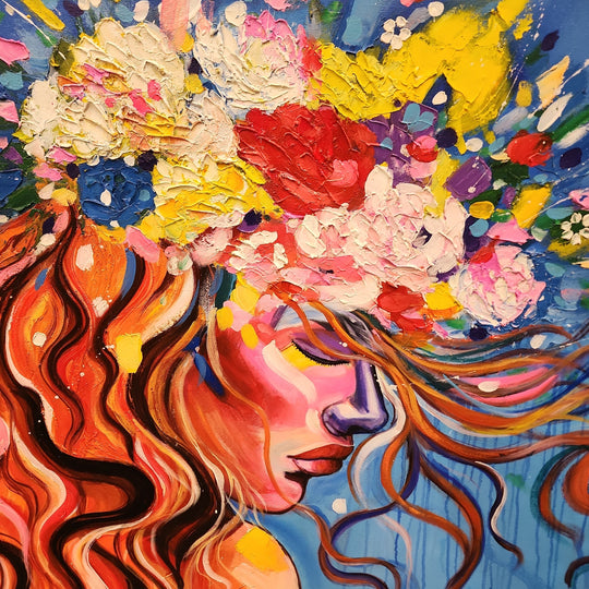 Contemplative Beauty - Stunning Stylized portrait of a Woman lost in thought, Size 100x140cm