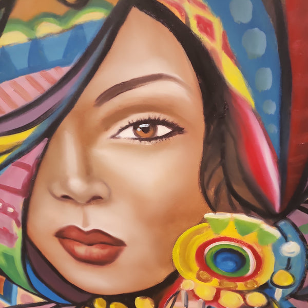 Entrancing Beauty - Stunning, Stylized Depiction of a Woman Adorned with a Stylized, Colourful Headdress. Size 100x120cm