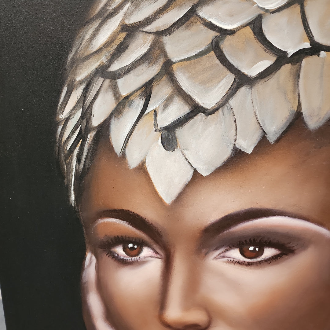 Sophisticated Beauty - Stunning, Highly Detailed Portrait of a Woman with a Beautiful, Elaborate Headdress. Size 100x120cm