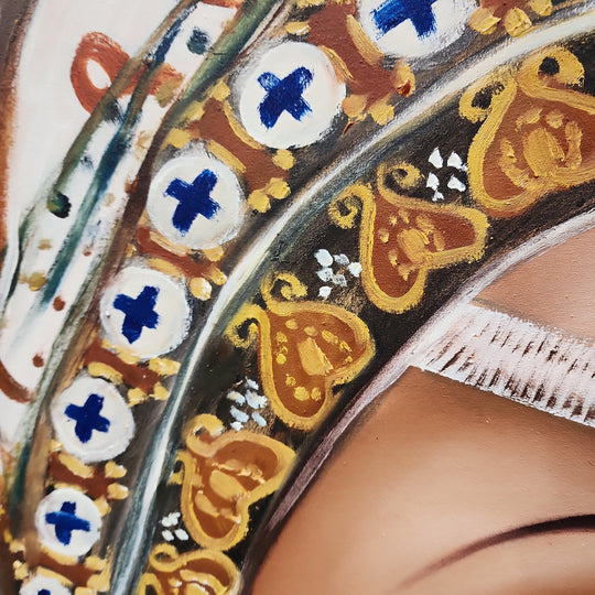 Queen of Beauty - Stunning Hand Painted Depiction of a Woman with an elaborate Headdress, Size 100x120cm