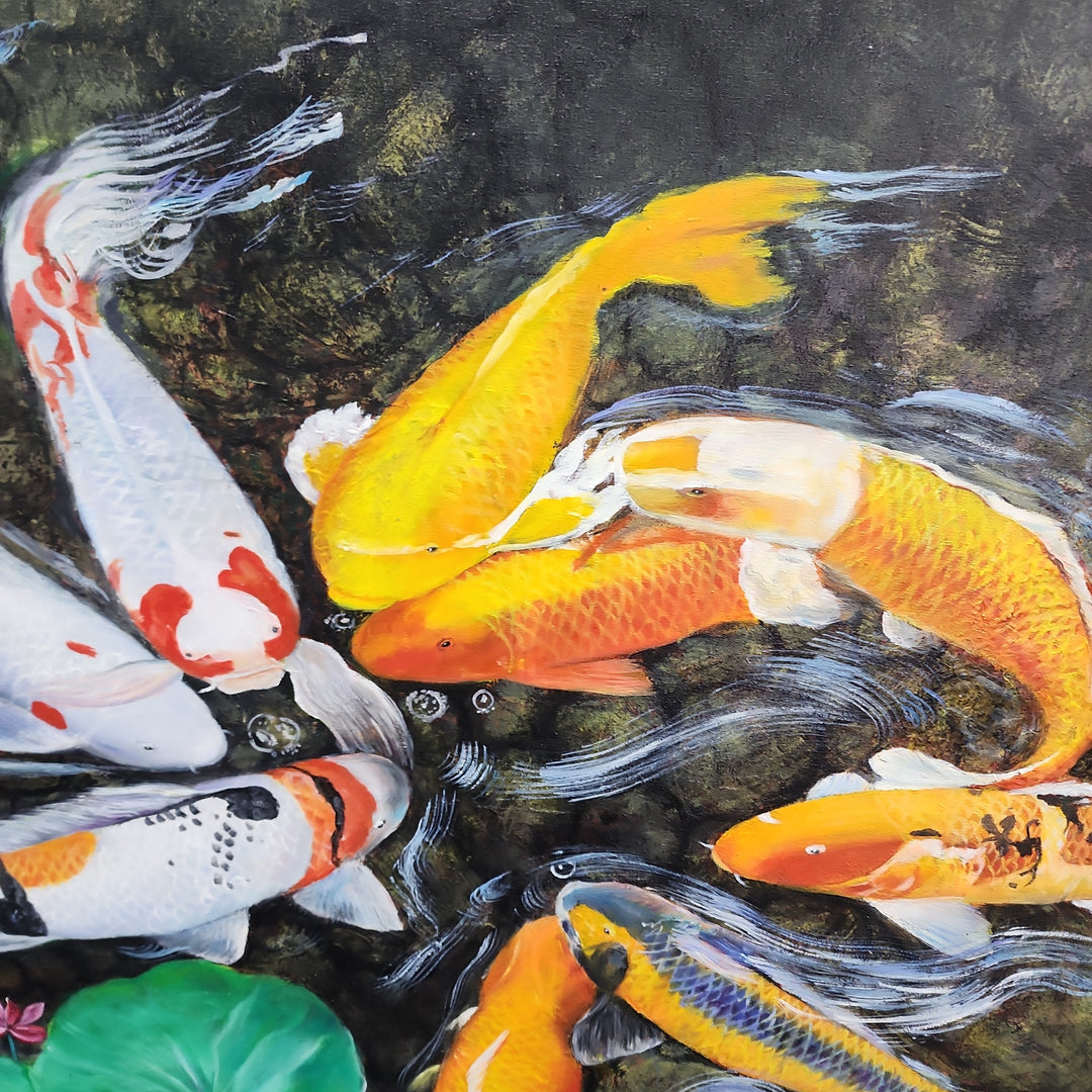 Koi Fish - Stunning, Highly Detailed Depiction of Koi Fish, finished with High Quality Black Frame, Size 100x120cm