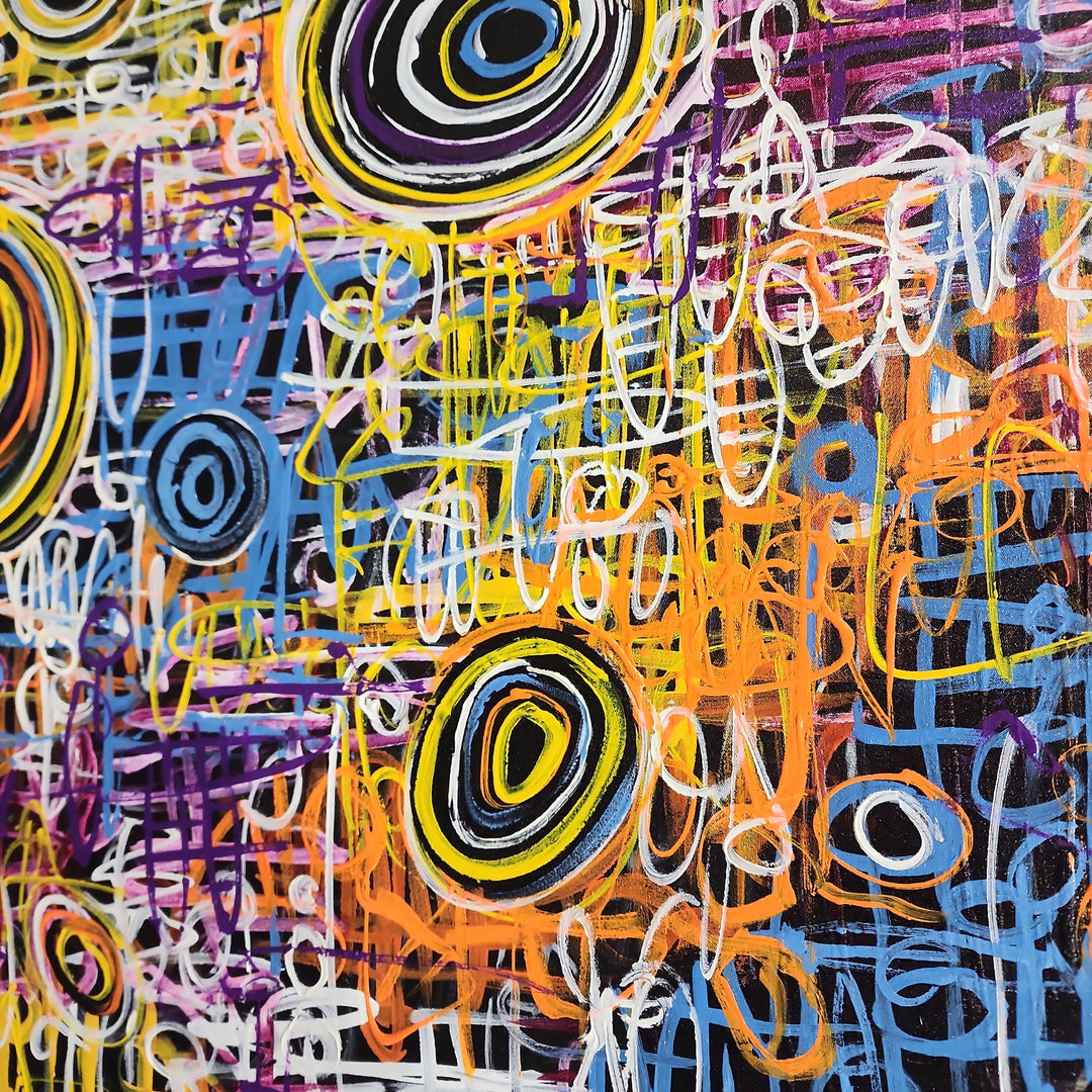 Circles & Lines - Whimsical, Kinetic Abstract Modern Artwork Featuring a Spectacle of Colour, Size 100x150cm