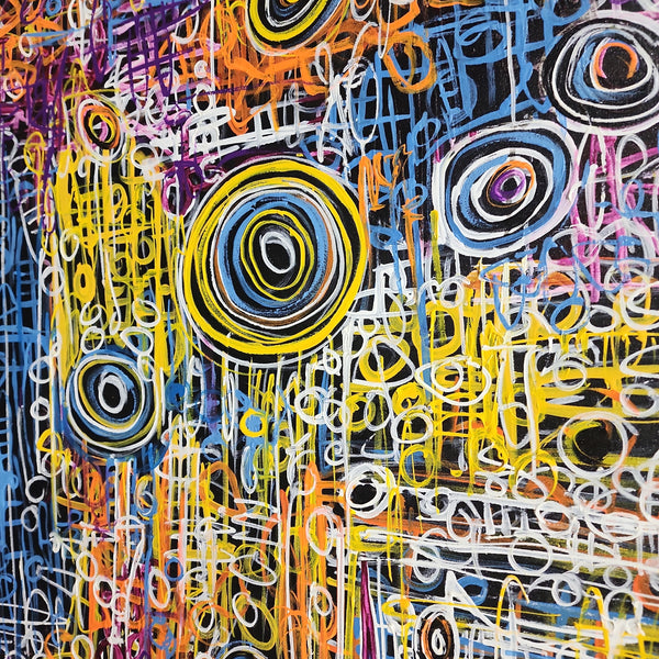 Circles & Lines - Whimsical, Kinetic Abstract Modern Artwork Featuring a Spectacle of Colour, Size 100x150cm