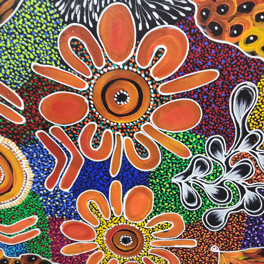 Synchrony of Bliss - Lovely Modern Dot Painting Artwork Featuring Colourful Painted Forms on a Meticulously Painted Dotted Backround, Size 100x150cm
