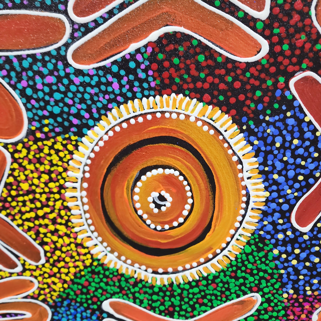 Synchrony of Bliss - Lovely Modern Dot Painting Artwork Featuring Colourful Painted Forms on a Meticulously Painted Dotted Backround, Size 100x150cm
