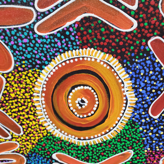 Synchrony of Bliss - Lovely Modern Dot Painting Artwork Featuring Colourful Painted Forms on a Meticulously Painted Dotted Backround, Size 100x150cm