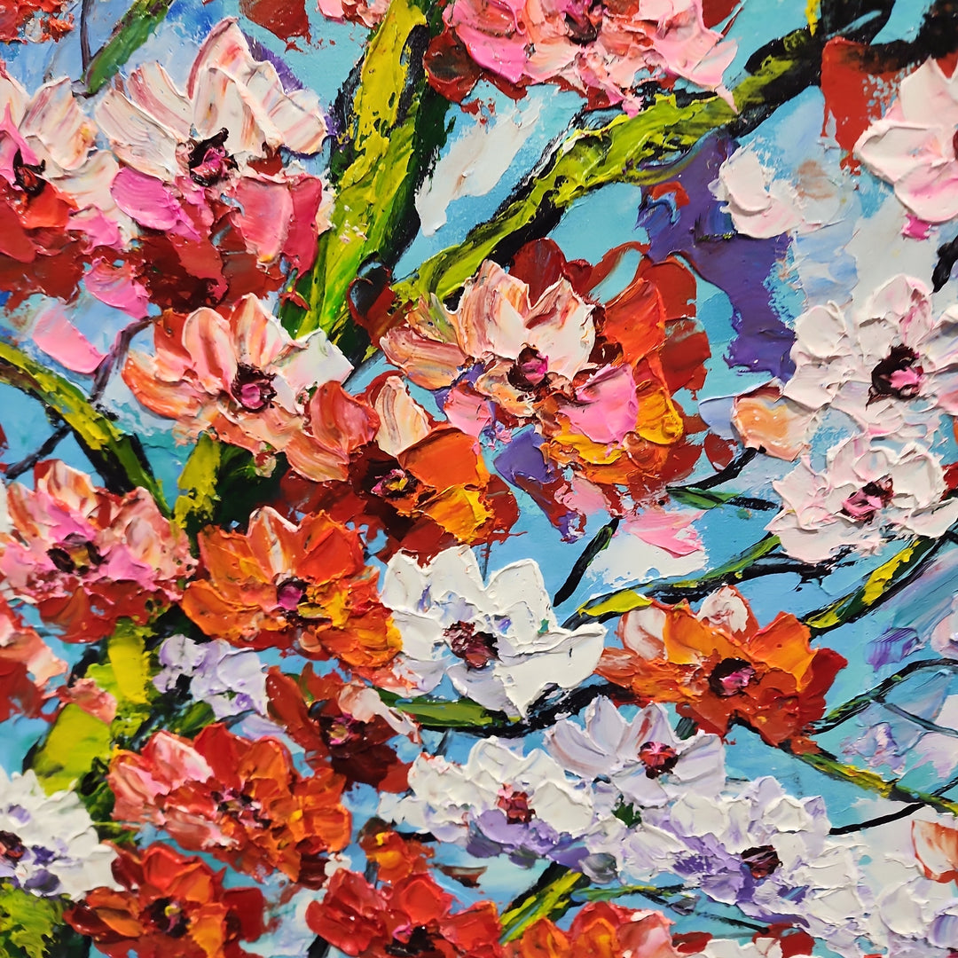 Cherry Blossom - Heavily Textured Palette Knife Painting Depicting Stylized Cherry Blossom Trees, Size 80x150cm