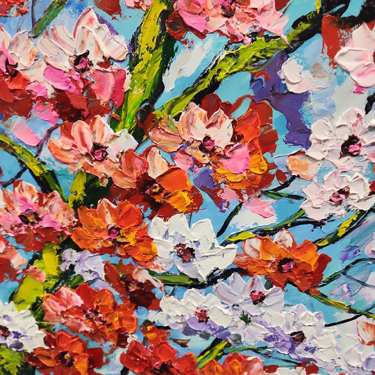 Cherry Blossom - Heavily Textured Palette Knife Painting Depicting Stylized Cherry Blossom Trees, Size 80x150cm