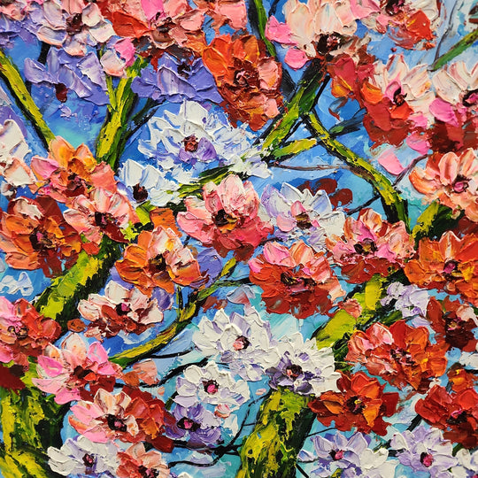 Cherry Blossom - Heavily Textured Palette Knife Painting Depicting Stylized Cherry Blossom Trees, Size 80x150cm