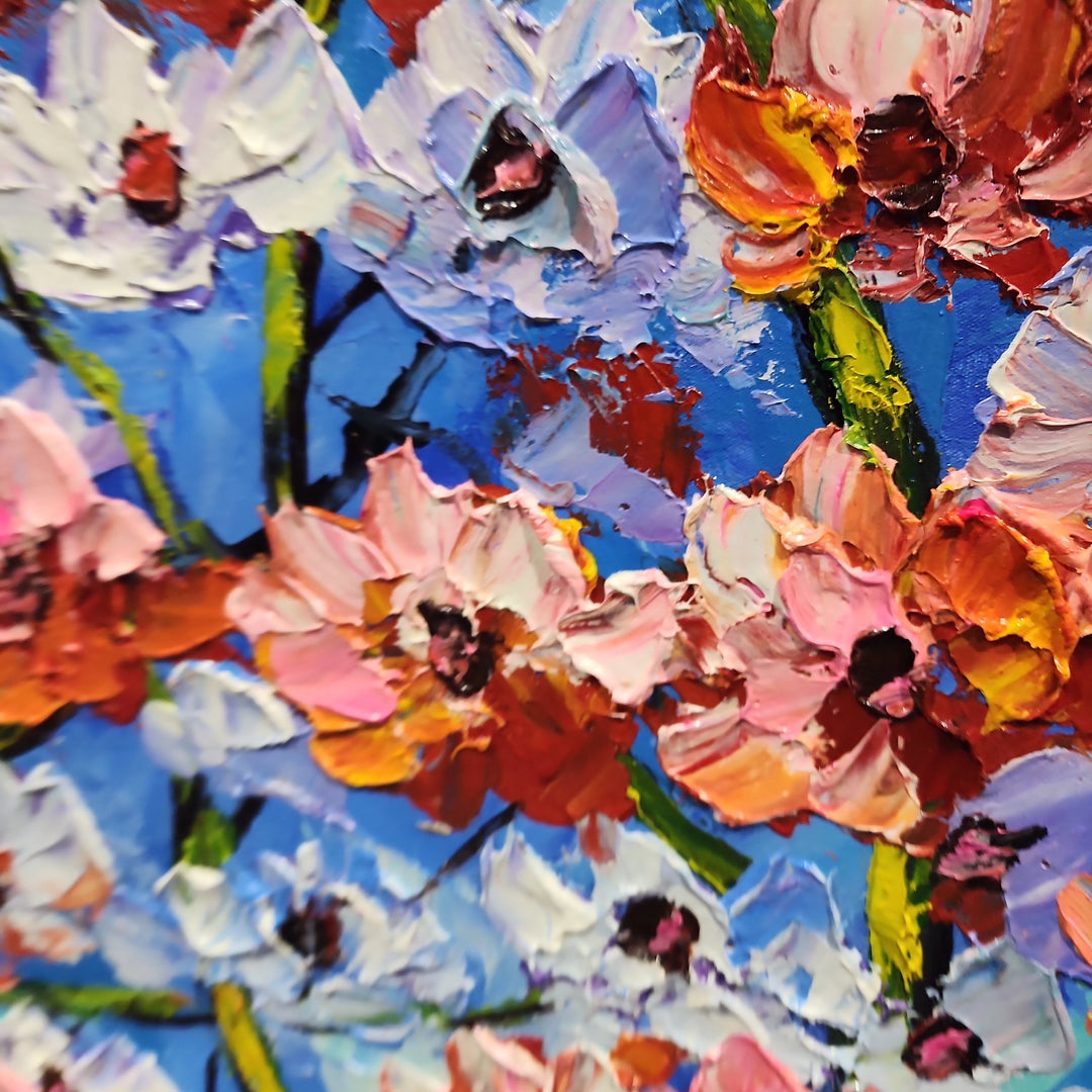 Cherry Blossom - Heavily Textured Palette Knife Painting Depicting Stylized Cherry Blossom Trees, Size 80x150cm