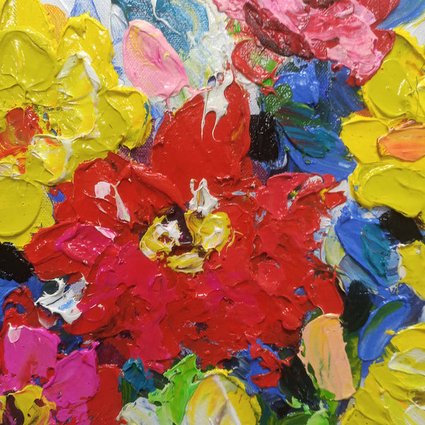 Colourful Bouquet - Bright, Colourful and Heavily Textured Painting of Flowers in a Vase, Size 100x120cm