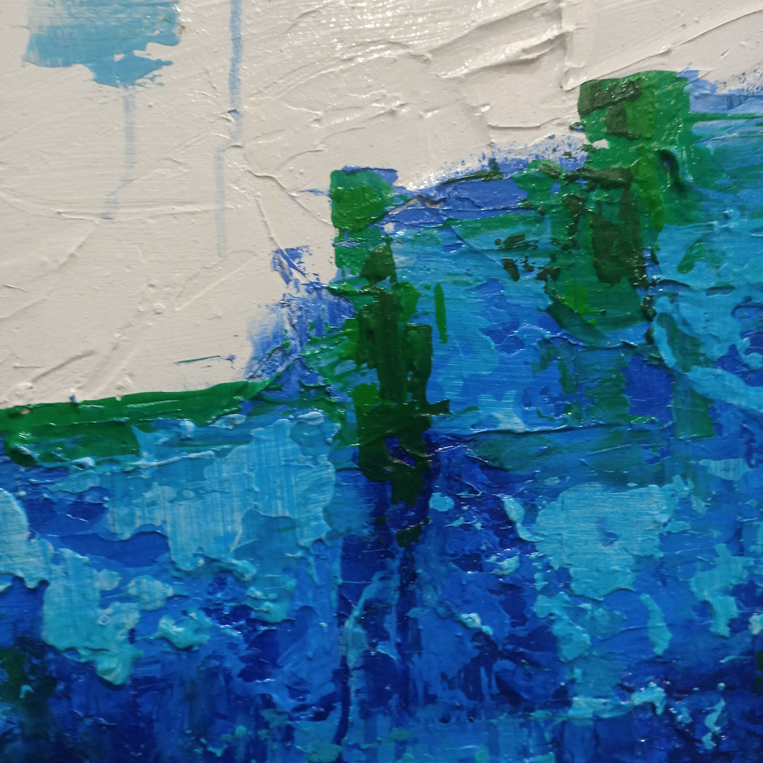 Cool Autonomy - Stunning Modern Abstract Painting Depicting Textural blue Forms on a White Background, Size 100x120cm