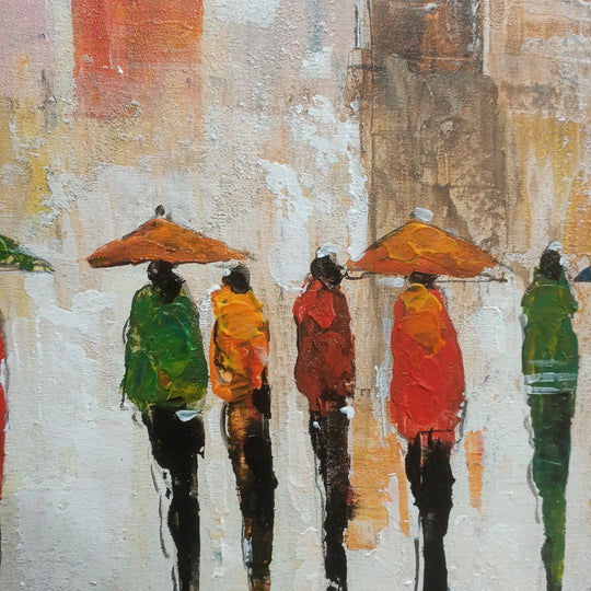 City Dwellers - Beautiful, Serene Painting Depicting People Walking towards an Impressionistic Cityscape, Featuring Warm Earthy Tones, Size 80x150cm