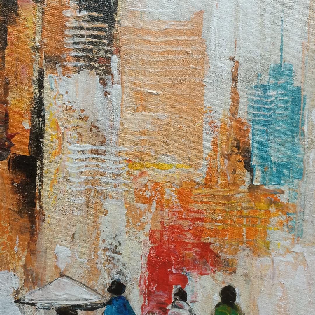 City Dwellers - Beautiful, Serene Painting Depicting People Walking towards an Impressionistic Cityscape, Featuring Warm Earthy Tones, Size 80x150cm
